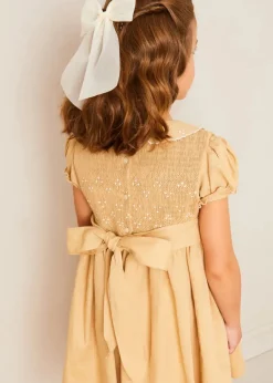 Pepa London Hand Smocked Peter Pan Collar Short Sleeve Dress in Beige (12mths-10yrs)