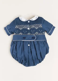 Pepa London Hand Smocked Peter Pan Collar Short Sleeve Romper in Royal Blue (6mths-2yrs)