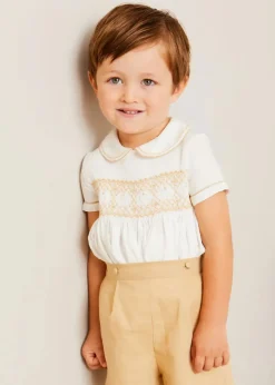 BOY Pepa London Hand Smocked Peter Pan Collar Short Sleeve Two Piece Set in Beige (18mths-6yrs) | Plain Cardigan in Cream (6mths-10yrs) | T-Bar Leather Baby Shoes in Ivory (20-24EU) | Cotton Short Socks Cream (0mths-10yrs)