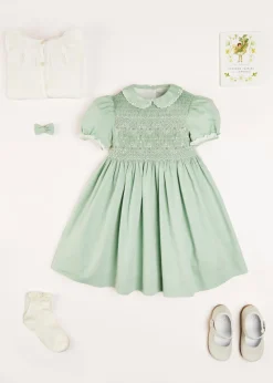 Pepa London Hand Smocked Peter Pan Collar Short Sleeve Dress in Green (12mths-10yrs)