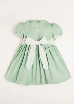 Pepa London Hand Smocked Peter Pan Collar Short Sleeve Dress in Green (12mths-10yrs)