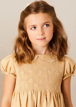 Pepa London Hand Smocked Peter Pan Collar Short Sleeve Dress in Beige (12mths-10yrs)