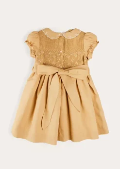 Pepa London Hand Smocked Peter Pan Collar Short Sleeve Dress in Beige (12mths-10yrs)