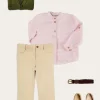BOY Pepa London Hertford Striped Mao Collar Long Sleeve Shirt in Coral (12mths-10yrs) | Plain Five Pocket Chino Trousers in Camel (4-10yrs) | Safari Button Detail Cardigan in Green (4-10yrs) | Lace Up Plimsolls in Taupe (24-35EU) | Brown Striped Belt