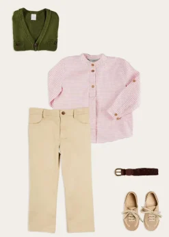 BOY Pepa London Hertford Striped Mao Collar Long Sleeve Shirt in Coral (12mths-10yrs) | Plain Five Pocket Chino Trousers in Camel (4-10yrs) | Safari Button Detail Cardigan in Green (4-10yrs) | Lace Up Plimsolls in Taupe (24-35EU) | Brown Striped Belt