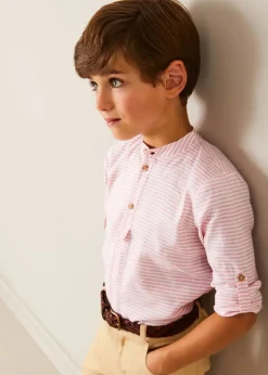 BOY Pepa London Hertford Striped Mao Collar Long Sleeve Shirt in Coral (12mths-10yrs)