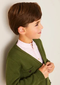 BOY Pepa London Hertford Striped Mao Collar Long Sleeve Shirt in Coral (12mths-10yrs) | Plain Five Pocket Chino Trousers in Camel (4-10yrs) | Safari Button Detail Cardigan in Green (4-10yrs) | Lace Up Plimsolls in Taupe (24-35EU) | Brown Striped Belt