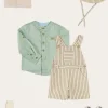 BOY Pepa London Holland Striped Pocket Front Dungarees in Green (18mths-4yrs) | Plain Mao Collar Long Sleeve Shirt in Green (12mths-10yrs) | Plain Cardigan in Cream (6mths-10yrs) | T-Bar Suede Baby Shoes in Beige (20-24EU) | Holland Striped Sun Hat in Green (XS-M) | Ribbed Short Socks in Beige (0mths-10yrs)