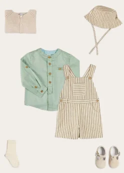 BOY Pepa London Holland Striped Pocket Front Dungarees in Green (18mths-4yrs) | Plain Mao Collar Long Sleeve Shirt in Green (12mths-10yrs) | Plain Cardigan in Cream (6mths-10yrs) | T-Bar Suede Baby Shoes in Beige (20-24EU) | Holland Striped Sun Hat in Green (XS-M) | Ribbed Short Socks in Beige (0mths-10yrs)