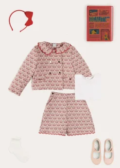 Pepa London Iris Jacquard Statement Collar Jacket in Red (4-12yrs) | Iris Jacquard Button Detail Shorts in Red (4-12yrs) | Piculina Trim Top in White (2-10yrs) | Leather Mary Jane Shoes in Pink (24-34EU) | Plain Linen Hairband in Red | Celebration Short Socks with Ruffle- Cream (0mths-10yrs) | The Beauty & The Beast Book