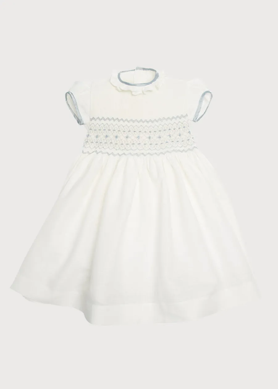 Pepa London Ivory Hand Smocked Occasion Dress with Blue Details (6mths-8yrs)