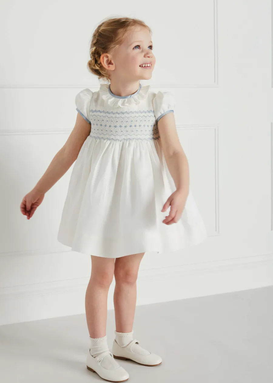 Pepa London Ivory Hand Smocked Occasion Dress with Blue Details (6mths-8yrs)