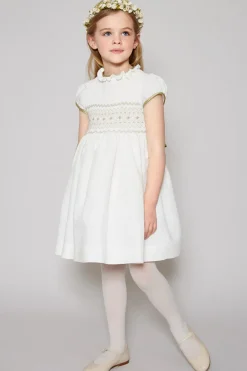 Pepa London Ivory Hand Smocked Occasion Dress with Green Details (6mths-8yrs)