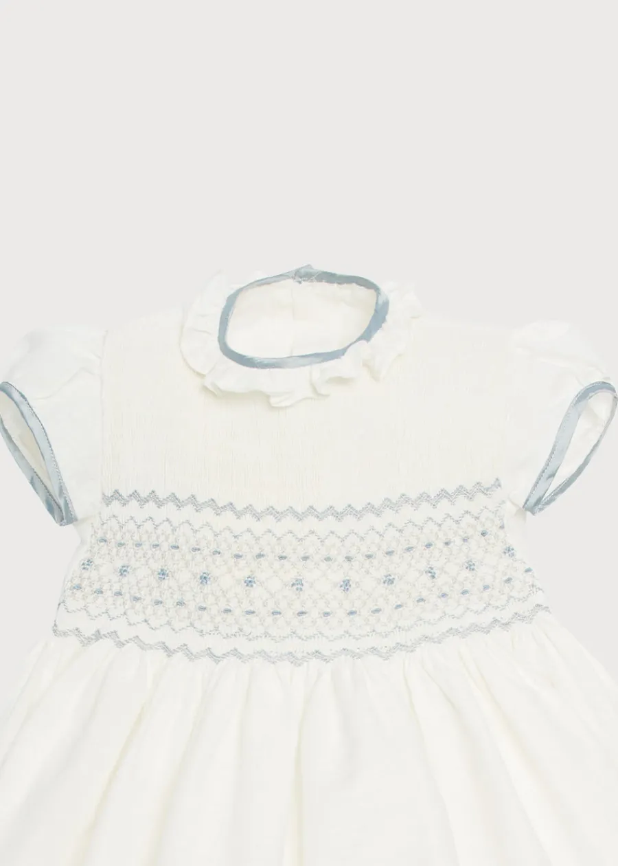 Pepa London Ivory Hand Smocked Occasion Dress with Blue Details (6mths-8yrs)