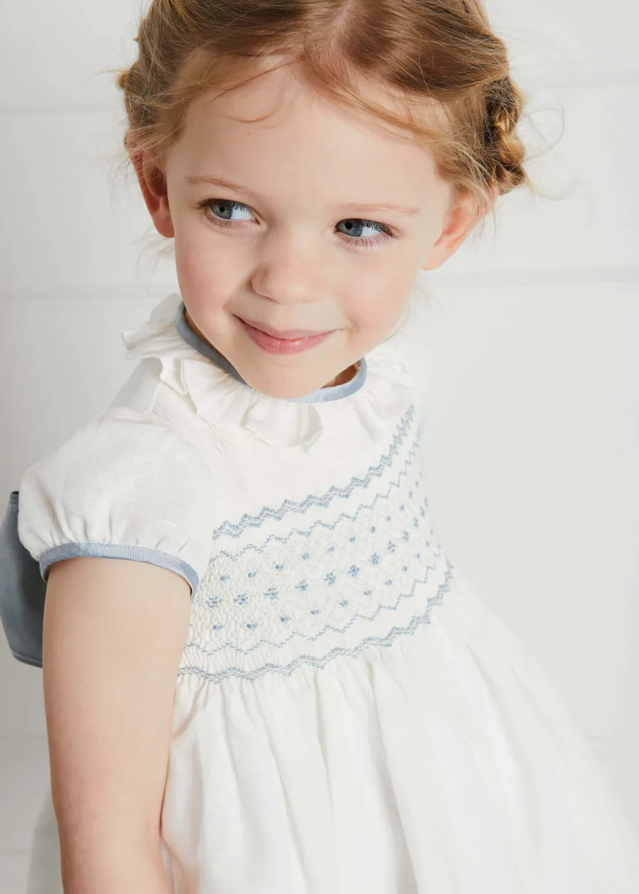 Pepa London Ivory Hand Smocked Occasion Dress with Blue Details (6mths-8yrs)