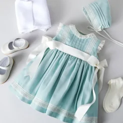 Pepa London Lace Trim Ivory Bow Dress in Teal (6mths-5yrs)