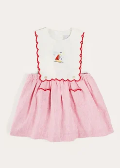 Pepa London Lawrence Striped Boat Embroidered Scallop Detail Pinafore Skirt in Red (18mths-4yrs)