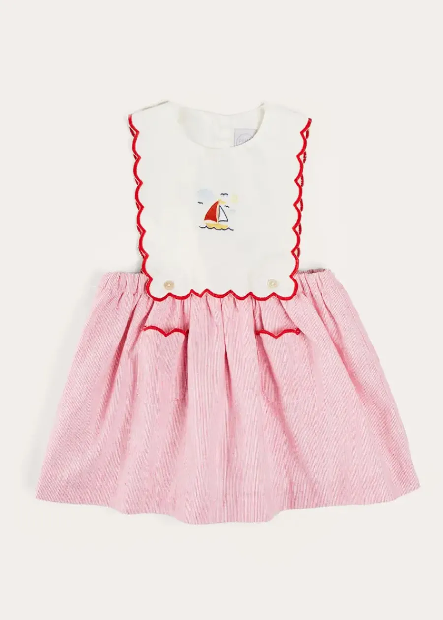 Pepa London Lawrence Striped Boat Embroidered Scallop Detail Pinafore Skirt in Red (18mths-4yrs)