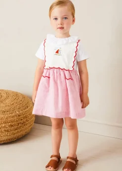Pepa London Lawrence Striped Boat Embroidered Scallop Detail Pinafore Skirt in Red (18mths-4yrs) | Cherry Motif Crochet Cardigan in Beige (2-10yrs) | Piculina Trim Top in White (2-10yrs) | Open Toe Leather Sandals in Brown (17-30EU)
