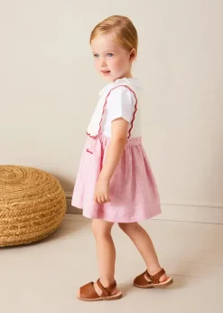 Pepa London Lawrence Striped Boat Embroidered Scallop Detail Pinafore Skirt in Red (18mths-4yrs)