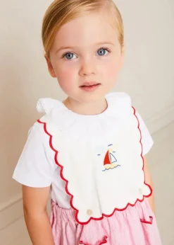 Pepa London Lawrence Striped Boat Embroidered Scallop Detail Pinafore Skirt in Red (18mths-4yrs)