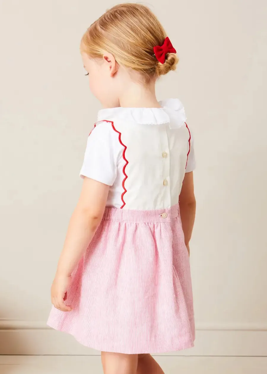 Pepa London Lawrence Striped Boat Embroidered Scallop Detail Pinafore Skirt in Red (18mths-4yrs)