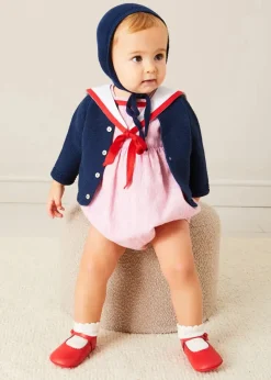 Pepa London Lawrence Striped Mariner Collar Short Sleeve Romper in Red (6mths-3yrs)
