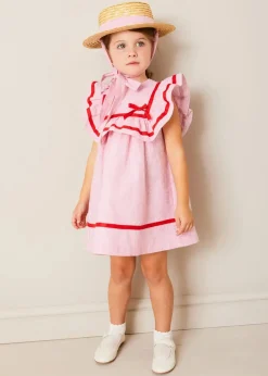 Pepa London Lawrence Striped Ruffle Bib Sleeveless Dress in Red (12mths-8yrs) | Plain Cardigan in Cream (6mths-10yrs) | Mary Jane Leather Baby Shoes in Ivory (20-24EU) | Openwork short socks White (0mths-8yrs)