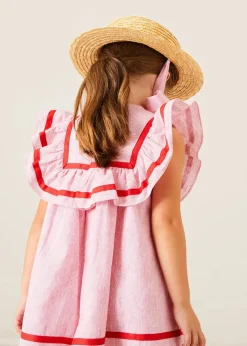 Pepa London Lawrence Striped Ruffle Bib Sleeveless Dress in Red (12mths-8yrs)