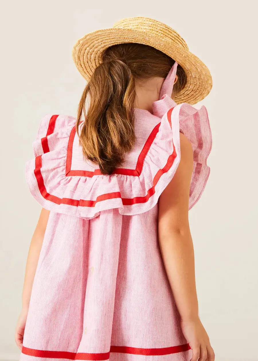 Pepa London Lawrence Striped Ruffle Bib Sleeveless Dress in Red (12mths-8yrs)