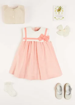 Pepa London Linen Blend Trapeze Dress in Peach Orange (12mths-10yrs) | Plain Cardigan in Cream (6mths-10yrs) | Big Bow Tulle Clip in Ivory | Openwork short socks White (0mths-8yrs) | Mary Jane Leather Baby Shoes in Ivory (20-24EU) | Flower Fairies of the Spring Book in White