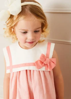 Pepa London Linen Blend Trapeze Dress in Peach Orange (12mths-10yrs) | Plain Cardigan in Cream (6mths-10yrs) | Big Bow Tulle Clip in Ivory | Openwork short socks White (0mths-8yrs) | Mary Jane Leather Baby Shoes in Ivory (20-24EU) | Flower Fairies of the Spring Book in White