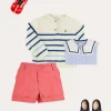 BOY Pepa London Lyall Stripe Anchor Motif Mariner Collar Short Sleeve Shirt in Blue (12mths-6yrs) | Striped Crewneck Button Detail Jumper in Blue (12mths-10yrs) | Plain Linen Toddler Shorts in Red (12mths-4yrs) | Canvas Plimsolls in Navy (20-35EU)