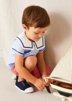 BOY Pepa London Lyall Stripe Anchor Motif Mariner Collar Short Sleeve Shirt in Blue (12mths-6yrs)