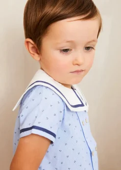 BOY Pepa London Lyall Stripe Anchor Motif Mariner Collar Short Sleeve Shirt in Blue (12mths-6yrs)