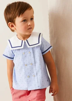 BOY Pepa London Lyall Stripe Anchor Motif Mariner Collar Short Sleeve Shirt in Blue (12mths-6yrs)
