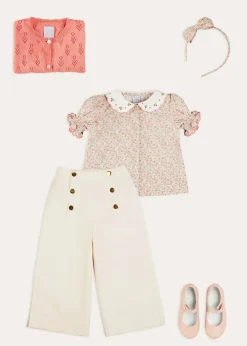 Pepa London Mabel Floral Embroidered Short Sleeve Blouse in Coral (18mths-10yrs) | Wide Leg Front Button Trousers in Beige (2-10yrs) | Floral Openwork Cotton Cardigan in Pink (2-10yrs) | Openwork short socks - Dusty Pink (0mths-10yrs) | Leather Mary Jane Shoes in Pink (24-34EU) | Mabel Floral Hairband in Coral