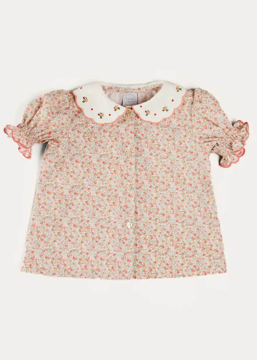 Pepa London Mabel Floral Embroidered Short Sleeve Blouse in Coral (18mths-10yrs)