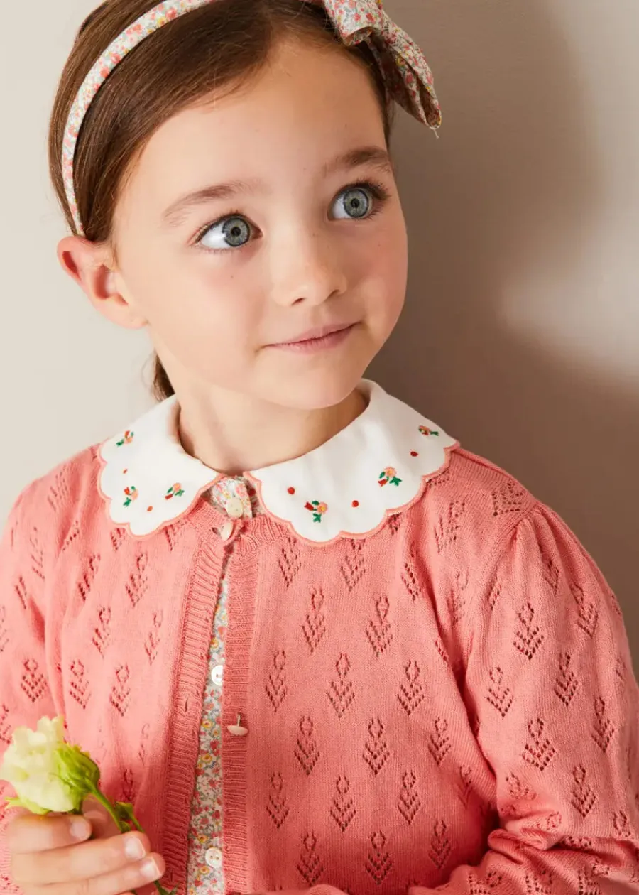 Pepa London Mabel Floral Embroidered Short Sleeve Blouse in Coral (18mths-10yrs) | Wide Leg Front Button Trousers in Beige (2-10yrs) | Floral Openwork Cotton Cardigan in Pink (2-10yrs) | Openwork short socks - Dusty Pink (0mths-10yrs) | Leather Mary Jane Shoes in Pink (24-34EU) | Mabel Floral Hairband in Coral