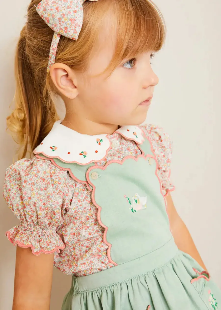 Pepa London Mabel Floral Embroidered Short Sleeve Blouse in Coral (18mths-10yrs)
