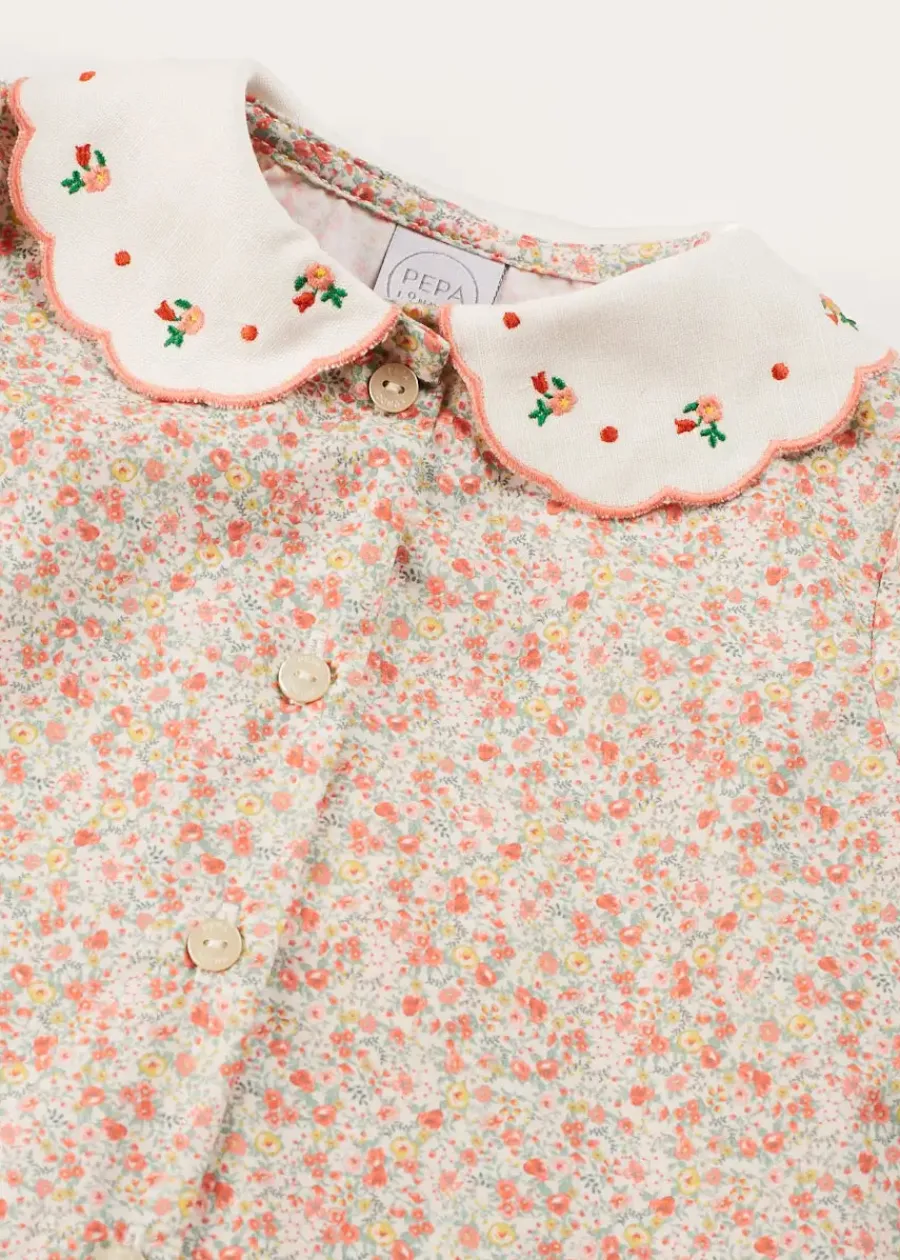 Pepa London Mabel Floral Embroidered Short Sleeve Blouse in Coral (18mths-10yrs)
