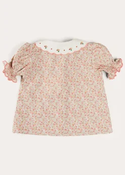 Pepa London Mabel Floral Embroidered Short Sleeve Blouse in Coral (18mths-10yrs)