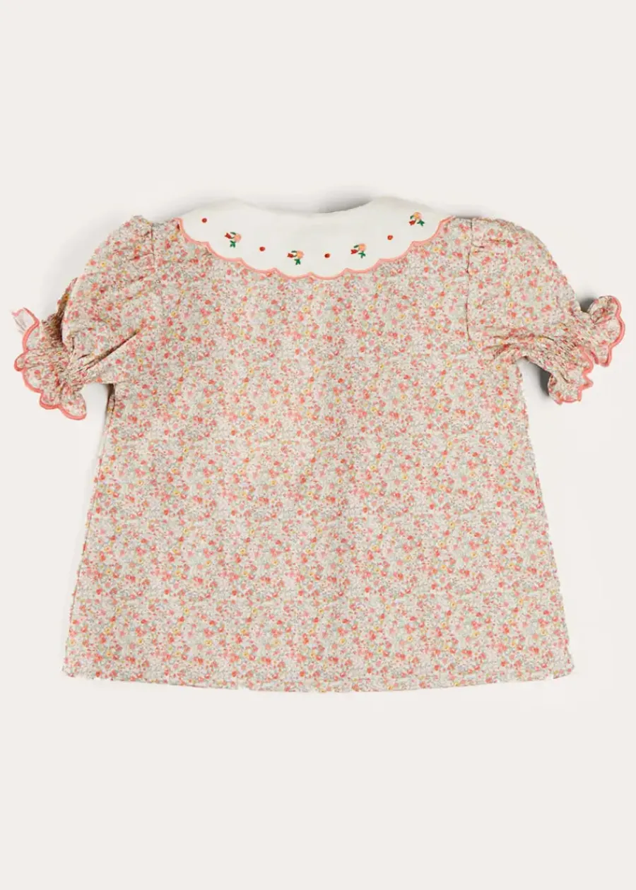 Pepa London Mabel Floral Embroidered Short Sleeve Blouse in Coral (18mths-10yrs)