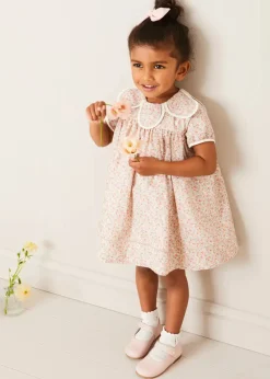 Pepa London Mabel Floral Statement Collar Short Sleeve Dress in Coral (12mths-10yrs)