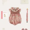 Pepa London Margot Floral Romper in Red Made with Liberty Fabric (6m-2yrs) | Openwork Cotton Cardigan in Cream (6mths-10yrs) | Openwork Cotton Knitted Bonnet in Cream (S-L) | Leather Mary Jane Pram Shoes in Red (17-20EU) | Margot Dummy Clip in Red Made with Liberty Fabric | Openwork short socks White (0mths-8yrs) | BIBS Dummy in Pink