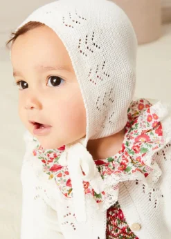Pepa London Margot Floral Romper in Red Made with Liberty Fabric (6m-2yrs) | Openwork Cotton Cardigan in Cream (6mths-10yrs) | Openwork Cotton Knitted Bonnet in Cream (S-L) | Leather Mary Jane Pram Shoes in Red (17-20EU) | Margot Dummy Clip in Red Made with Liberty Fabric | Openwork short socks White (0mths-8yrs) | BIBS Dummy in Pink
