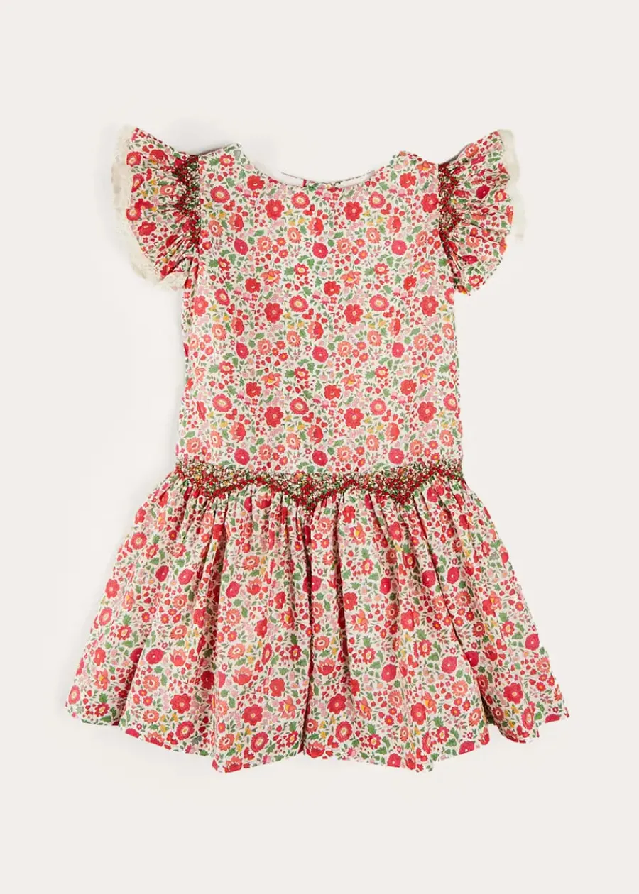 Pepa London Margot Floral Sleeveless Hand-Smocked Dress in Red Made with Liberty Fabric (4-12yrs)