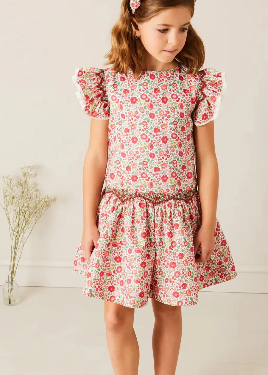 Pepa London Margot Floral Sleeveless Hand-Smocked Dress in Red Made with Liberty Fabric (4-12yrs)