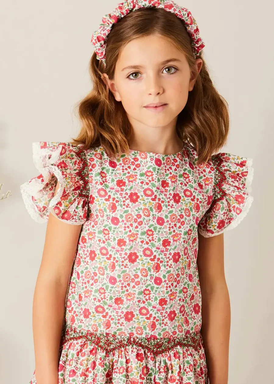 Pepa London Margot Floral Sleeveless Hand-Smocked Dress in Red Made with Liberty Fabric (4-12yrs)