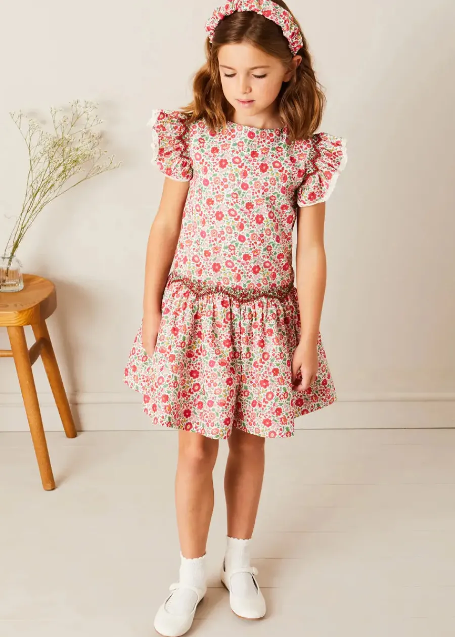Pepa London Margot Floral Sleeveless Hand-Smocked Dress in Red Made with Liberty Fabric (4-12yrs)